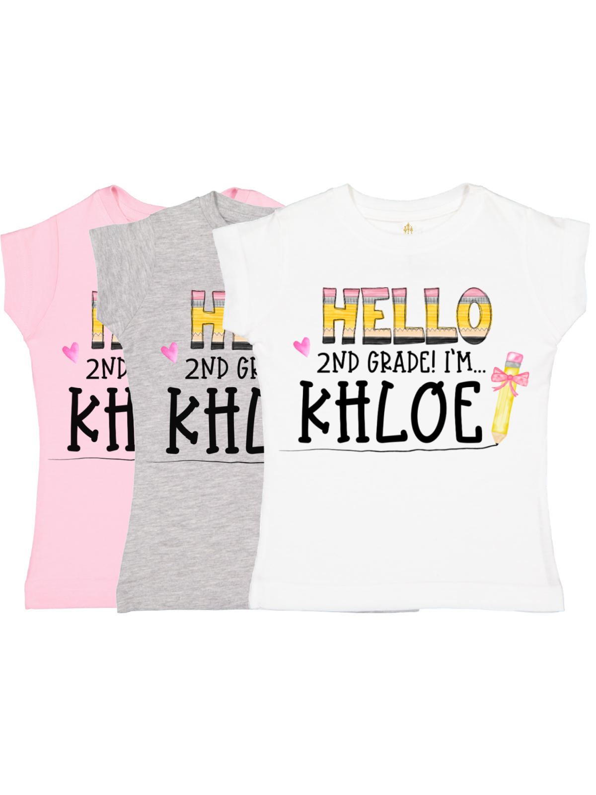 White girls back to school shirt with “Hello 2nd Grade I’m Khloe” design