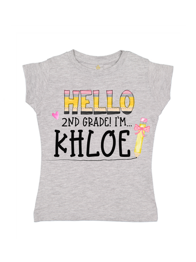 Personalized pink back to school tee for girls with heart and pencil graphic