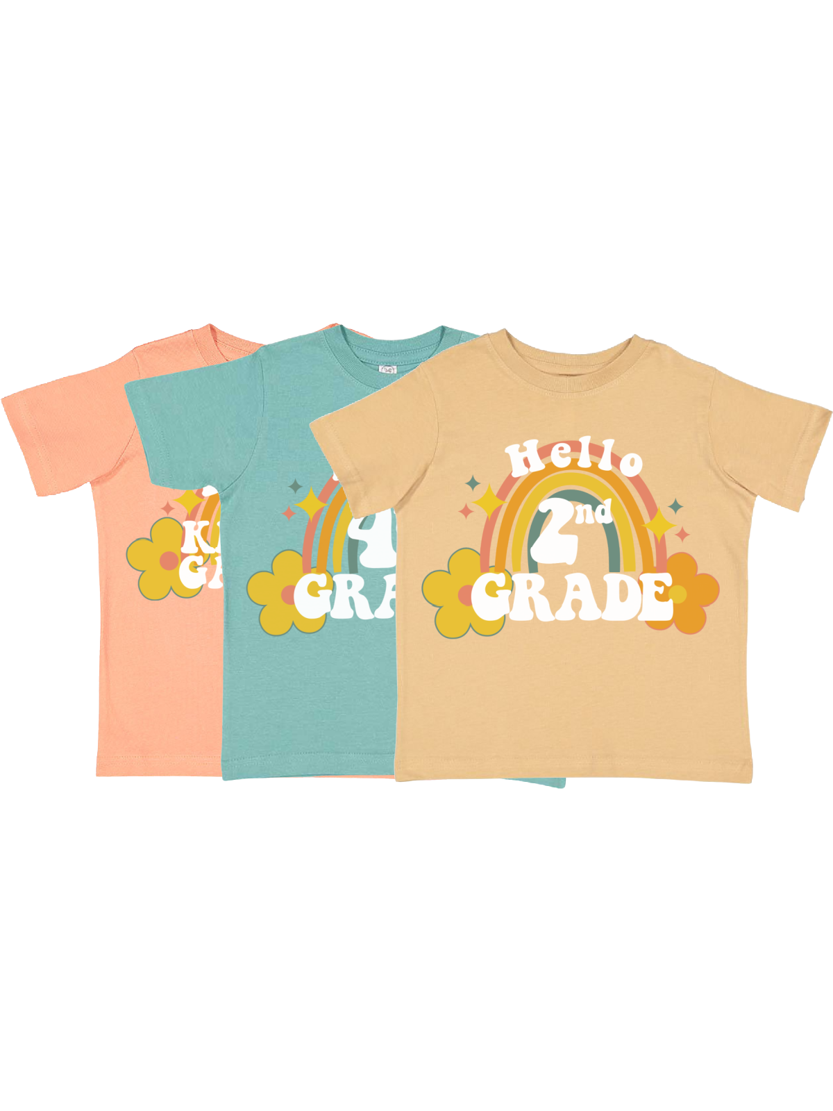 Three colorful kids shirts with retro rainbow and flower design that says “Hello 2nd Grade” – girls back to school first day of school shirt, available Pre-K to 5th grade