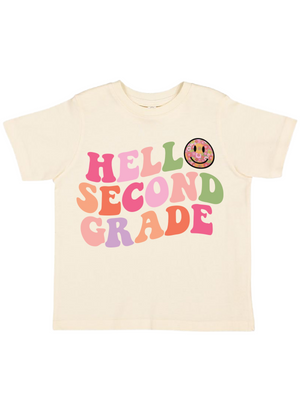 Hello Second Grade Smiles Kids Retro Shirt in Natural