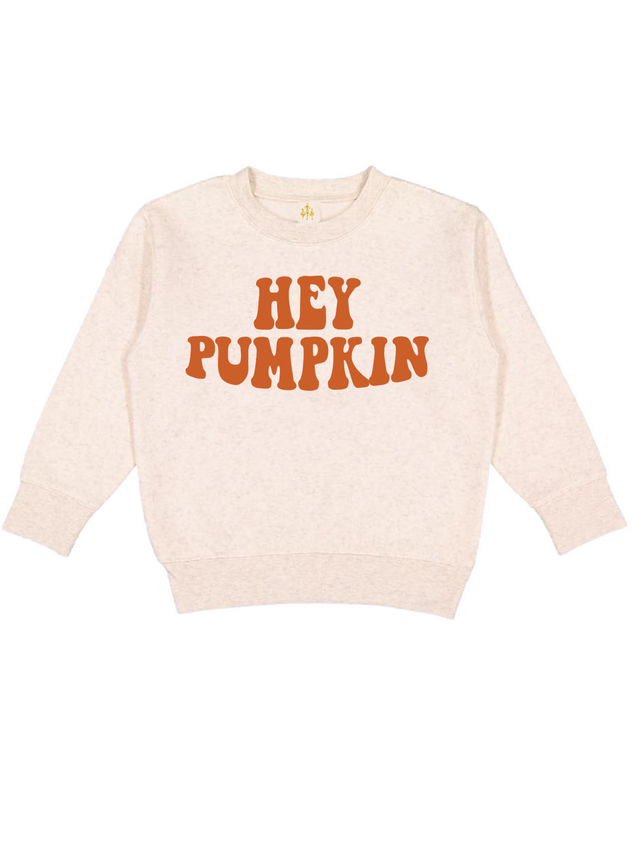 Hey Pumpkin kids fall sweatshirt in natural fleece with retro orange font – toddler and youth crewneck