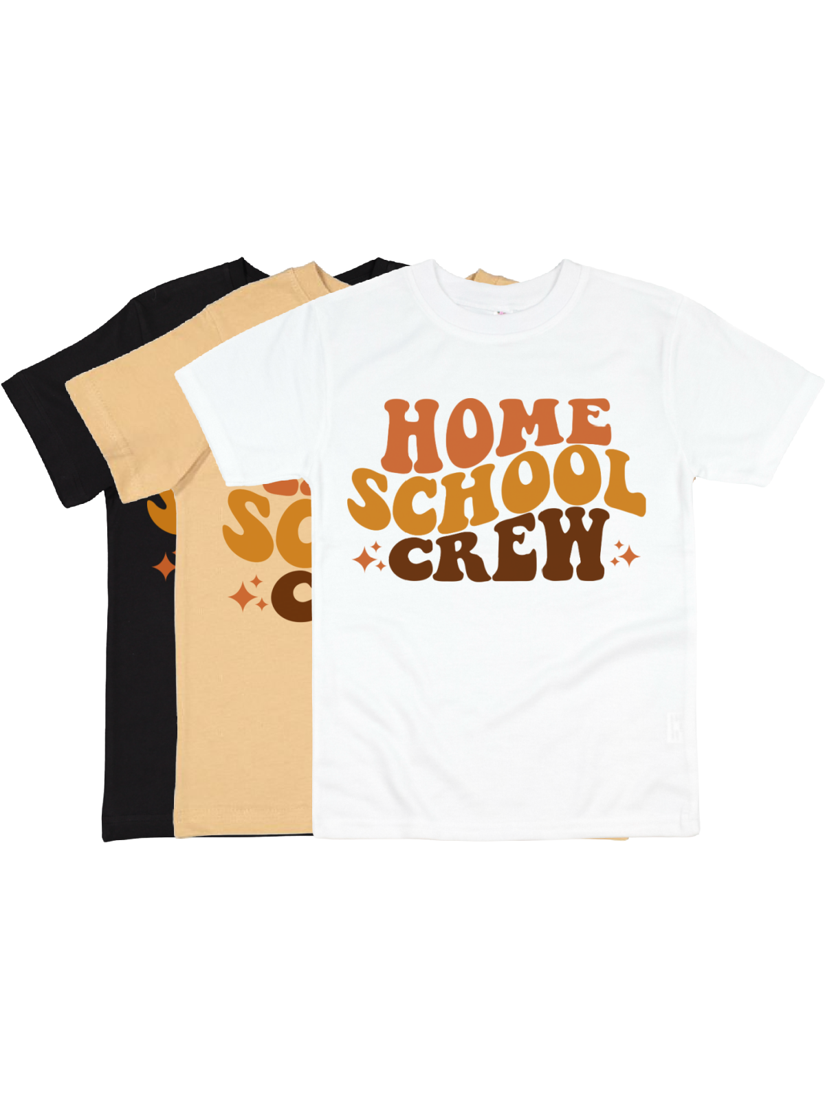 Homeschool Crew Kids Retro Shirts in latte, white, and black
