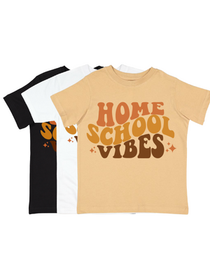 Homeschool Vibes Kids Shirts in Latte, White, and black