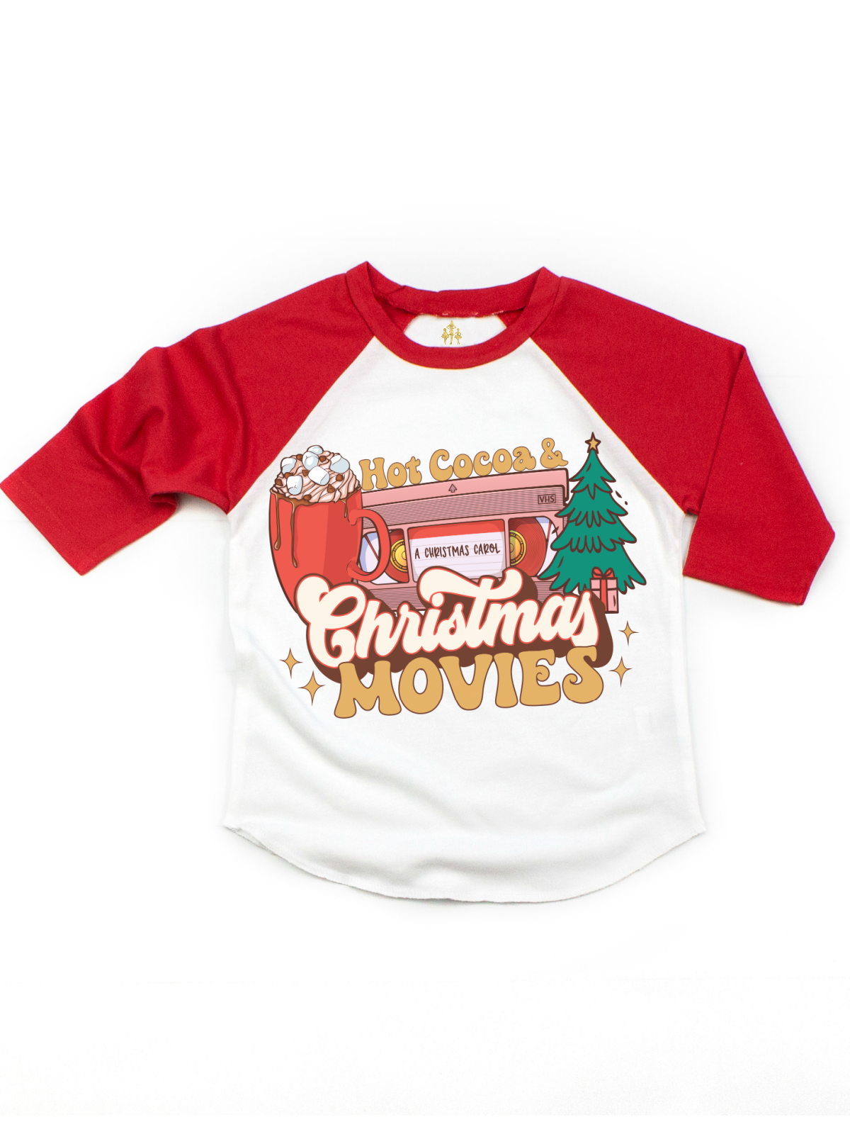Kids red and white raglan t-shirt that says hot cocoa & Christmas movies