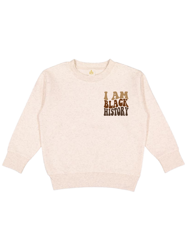 Natural long sleeve kids sweatshirt that reads I Am Black History in retro font