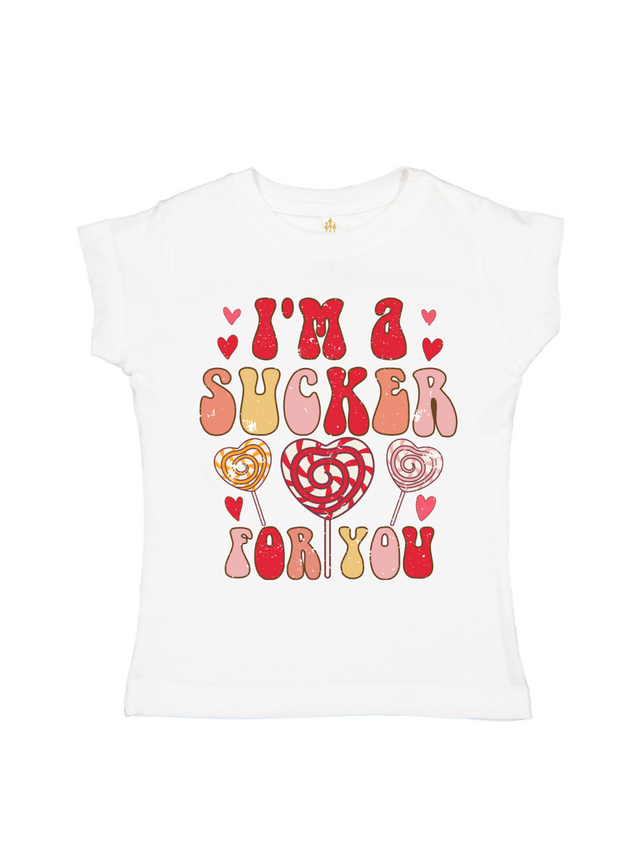 White short sleeve I'm a Sucker For You Cute Girls Valentine's Day Shirt with red hearts and lollipops