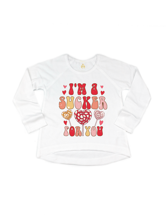 White long sleeve I'm a Sucker For You Cute Girls Valentine's Day Shirt with hearts and candy lollipops