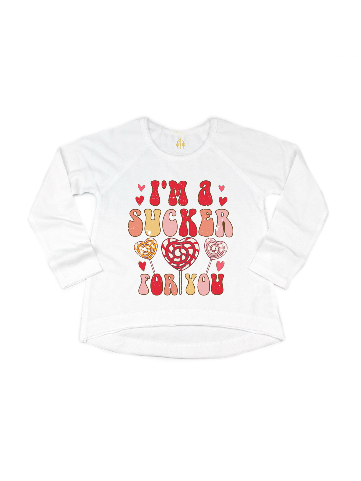 White long sleeve I'm a Sucker For You Cute Girls Valentine's Day Shirt with hearts and candy lollipops