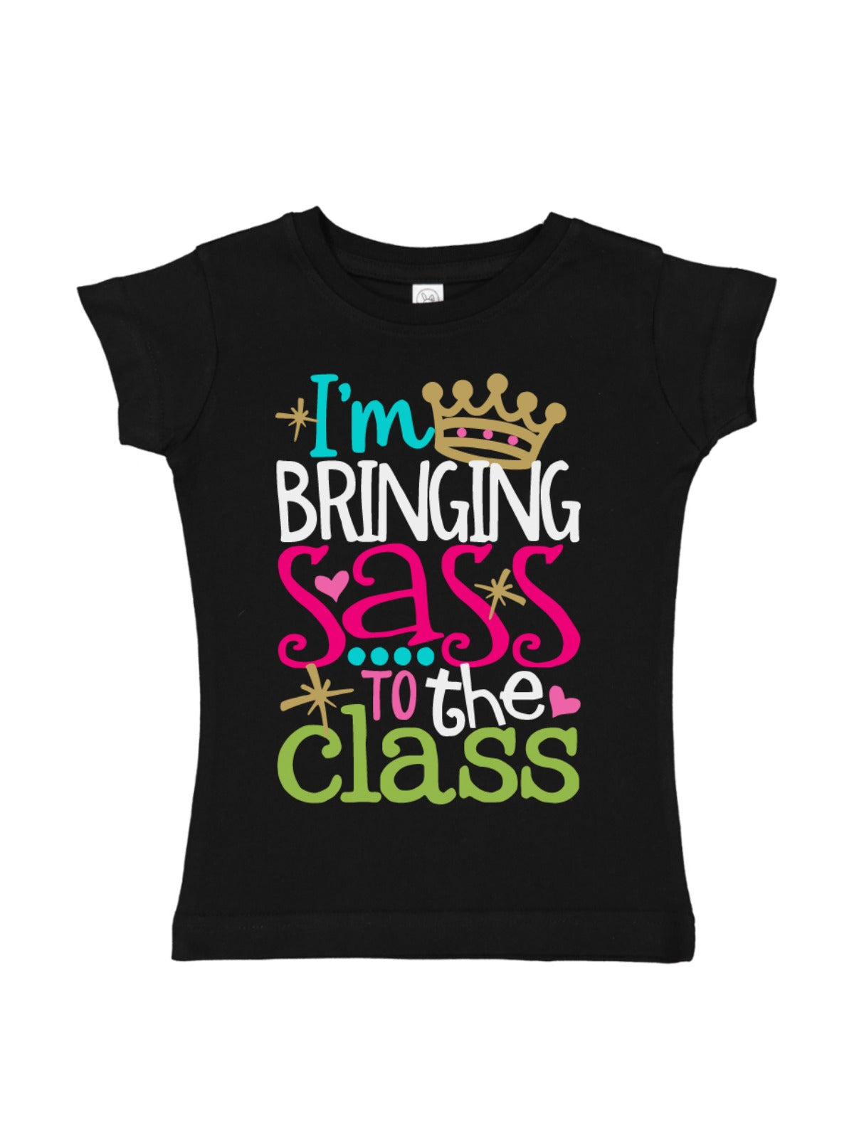 Black girls’ t-shirt with colorful “I’m Bringing Sass to the Class” design featuring a gold crown – also available in white and long sleeve options