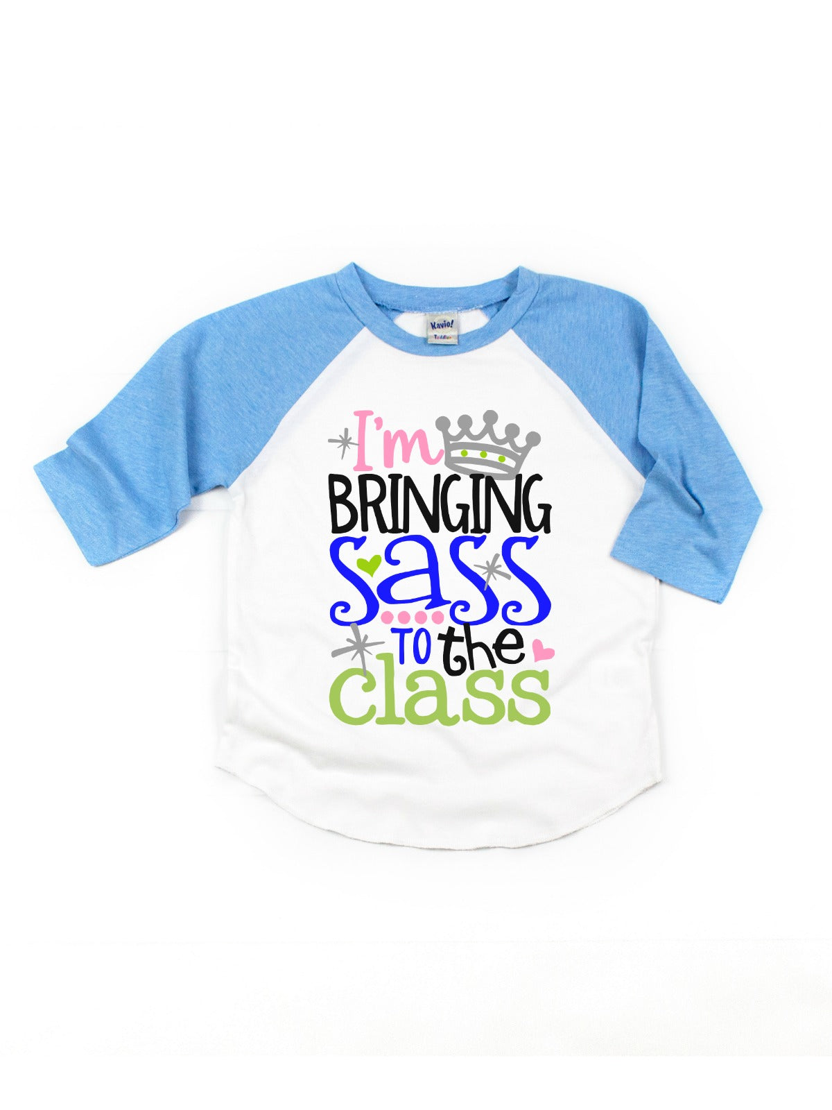 I'm Bringing Sass to the Class Kids Raglan Shirt in Blue and White
