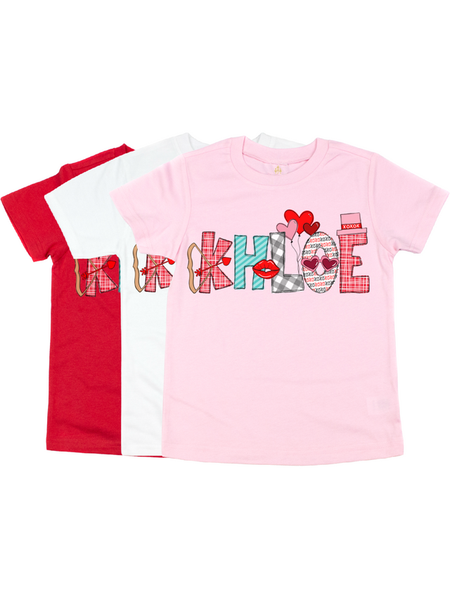 Personalized kids Valentine's Day shirts in pink, white, and red short sleeve