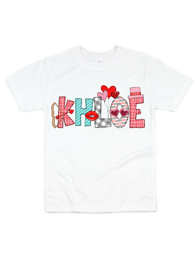 Short sleeve white kids t shirt that says Khloe in Valentine's Day style font with bow and arrow, red lips, and balloon hearts.