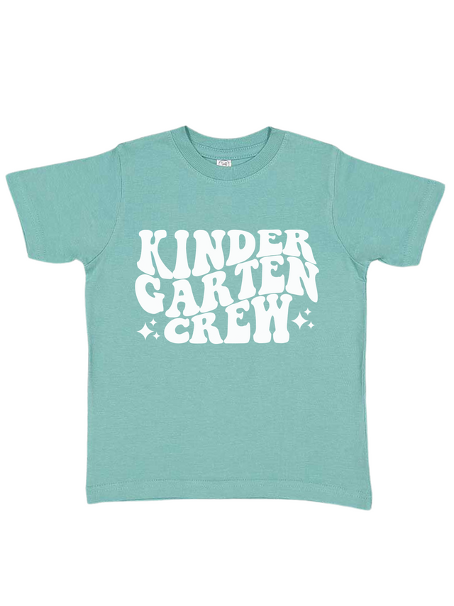 Teal kids tee with bold white “Kindergarten Crew” design – fun retro back to school outfit for kindergarteners