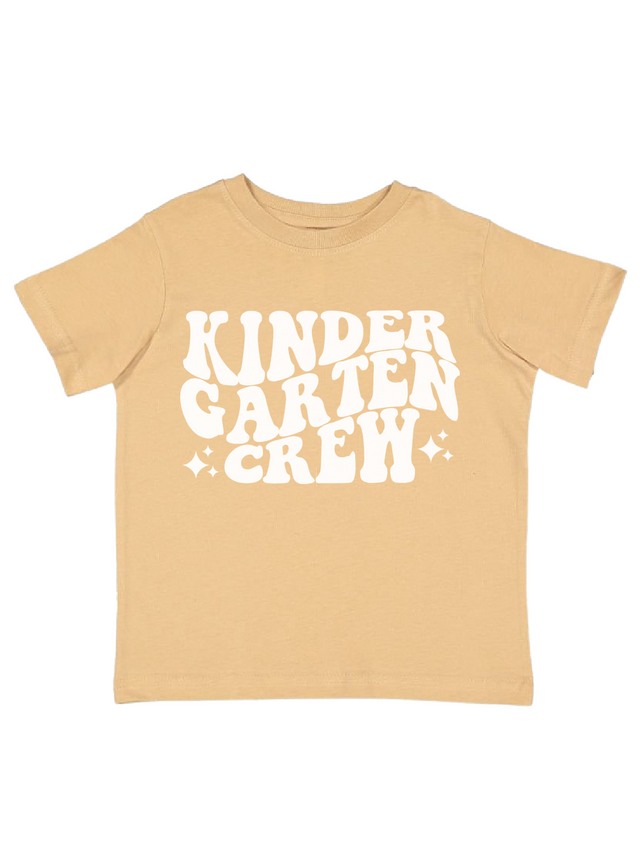 Tan kids t-shirt with white retro font that says “Kindergarten Crew” – gender neutral kindergarten first day shirt