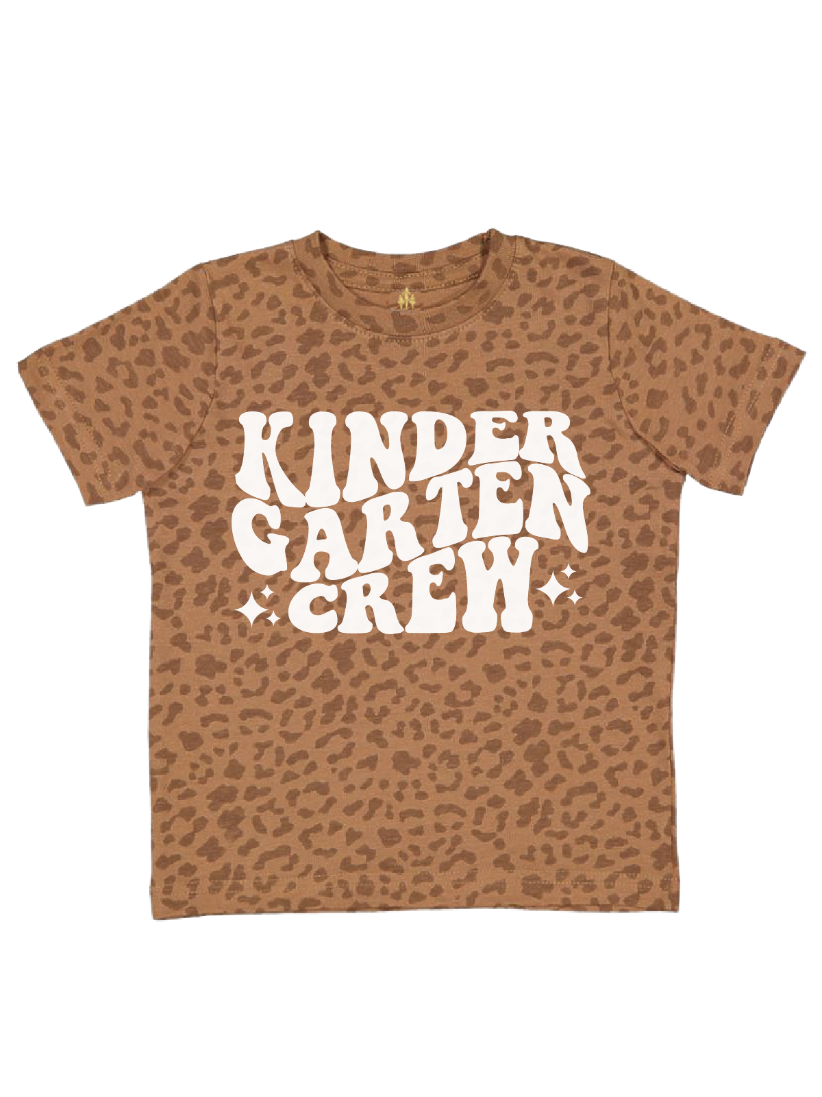 Brown cheetah print kids shirt with bold white “Kindergarten Crew” lettering – trendy first day of school tee for kindergartners