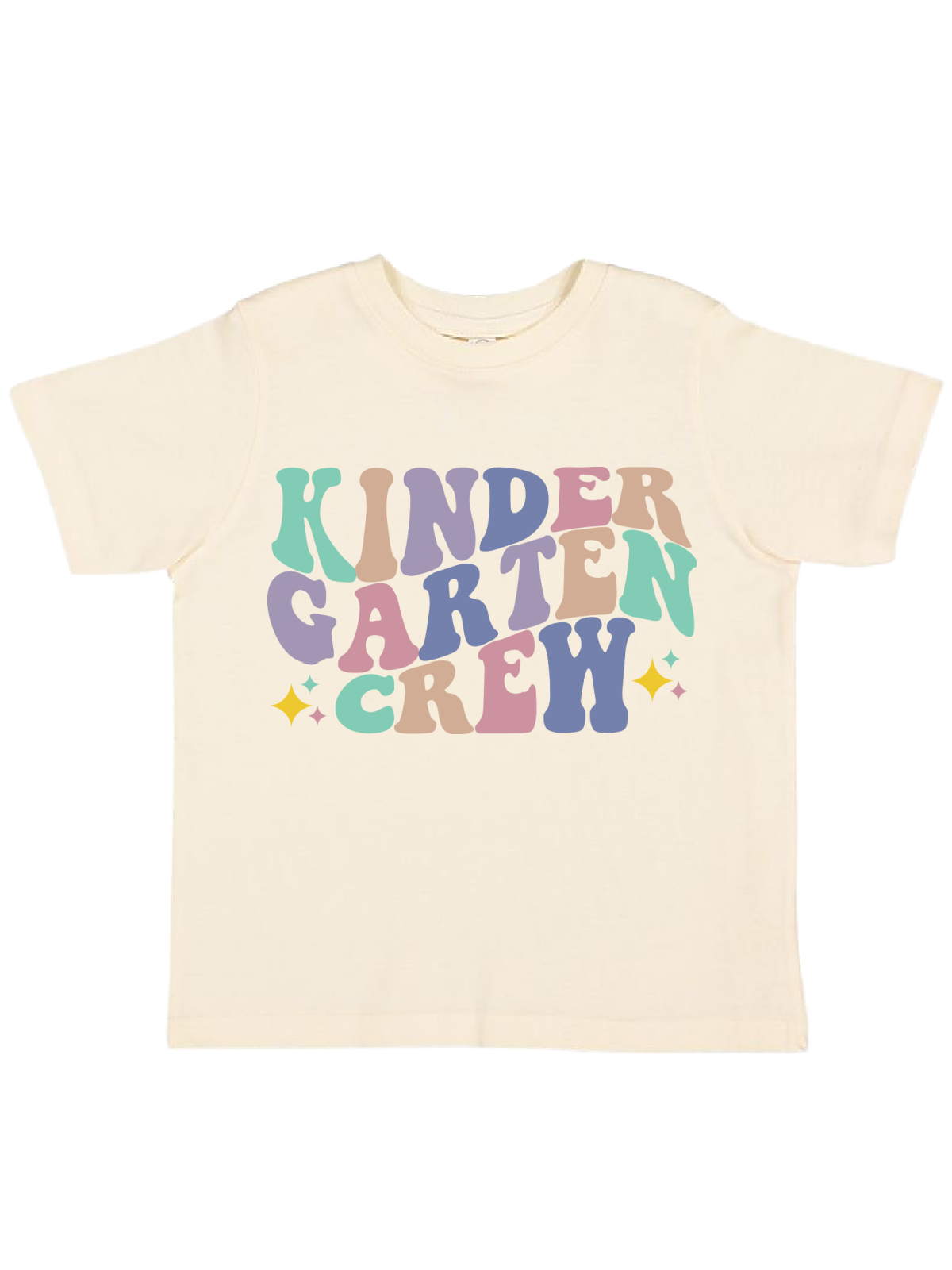 Natural color kids t-shirt with pastel rainbow retro text that says “Kindergarten Crew” and star sparkles – bestselling first day of school shirt