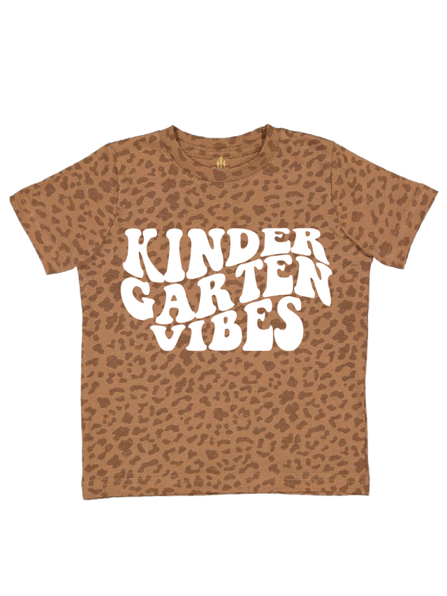Brown leopard print t-shirt with white “KINDER” text – fun first day of kindergarten shirt
