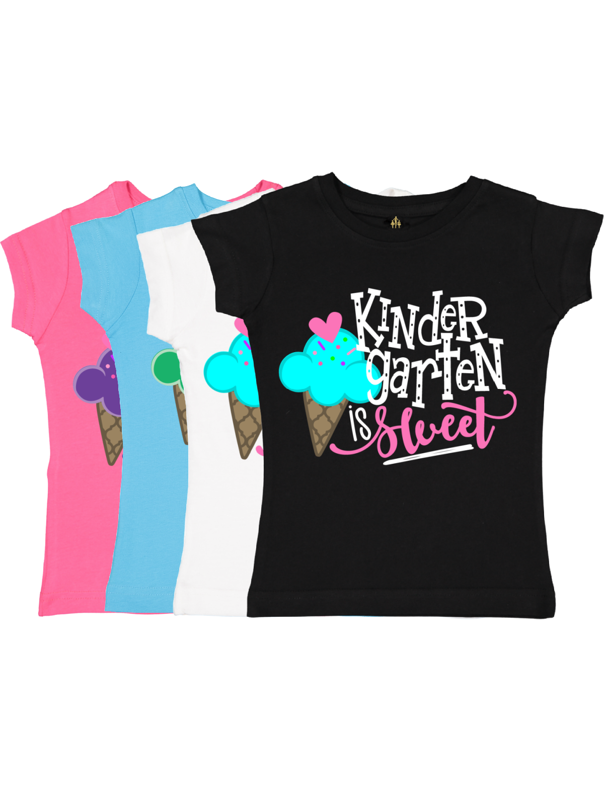 Set of girls’ “Kindergarten is Sweet” t-shirts with ice cream cone design, available in white, pink, blue, and black