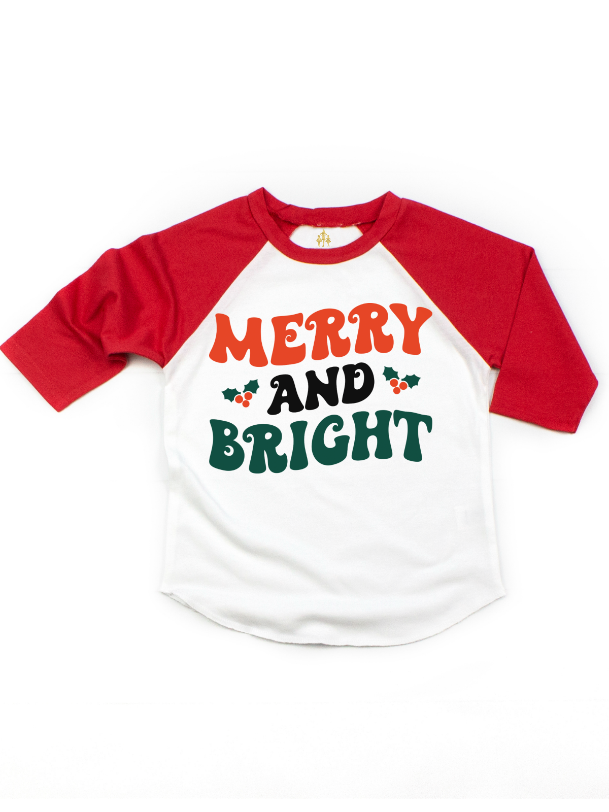 red and white 3 4 sleeve kids shirt with Merry and Bright and mistletoes 