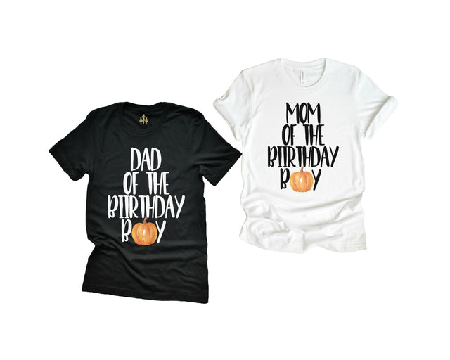 mom and dad of the birthday boy pumpkin t-shirts