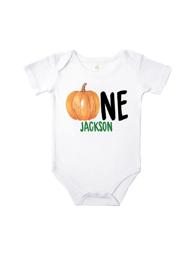 ONE pumpkin baby bodysuit in white short sleeve