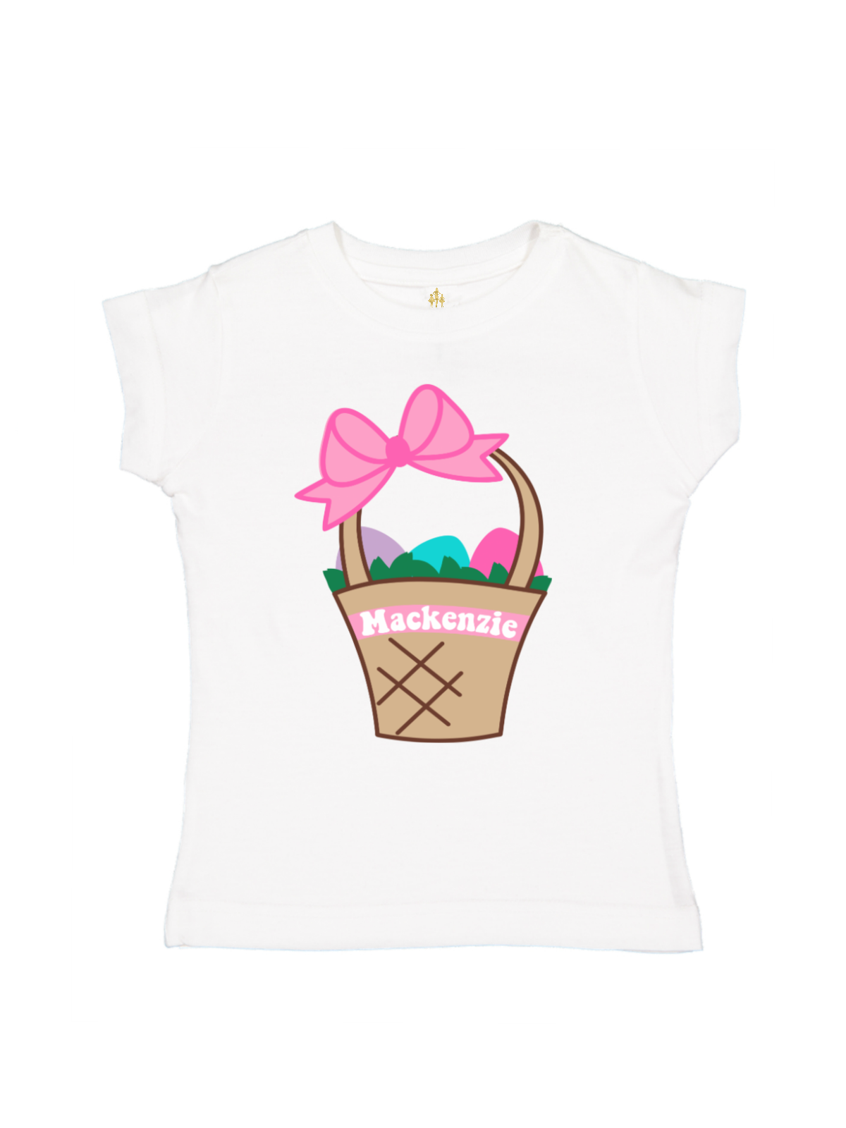 Girls personalized white Easter shirt with a pink bow Easter basket design and the name "Mackenzie" on the front.