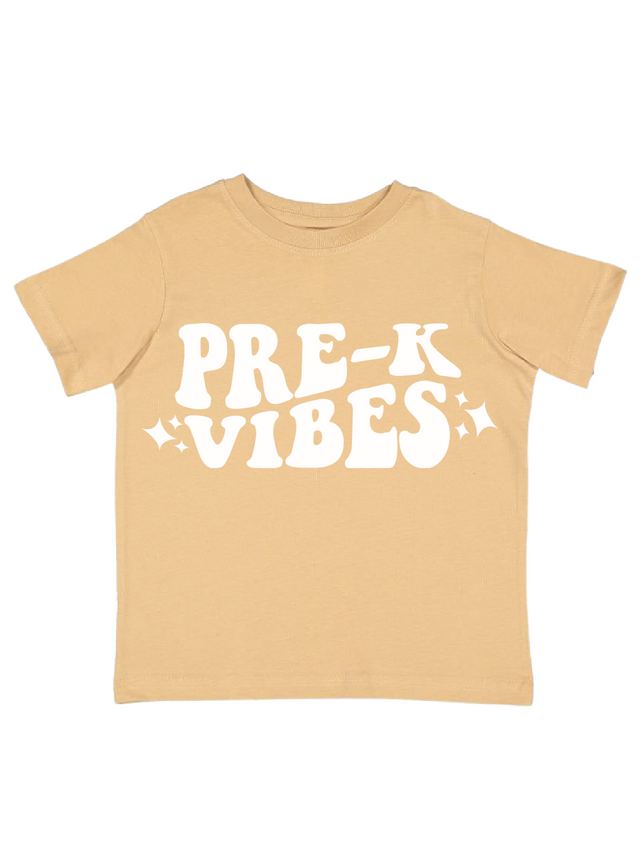 Tan preschool shirt for kids with white retro “PRE-K” font – soft and stylish back to school shirt
