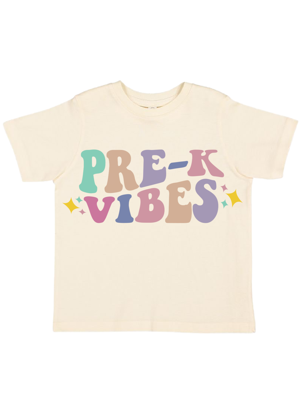 Natural color kids t-shirt with colorful pastel retro text that says “Pre-K Vibes” and sparkles – best-selling preschool back to school shirt