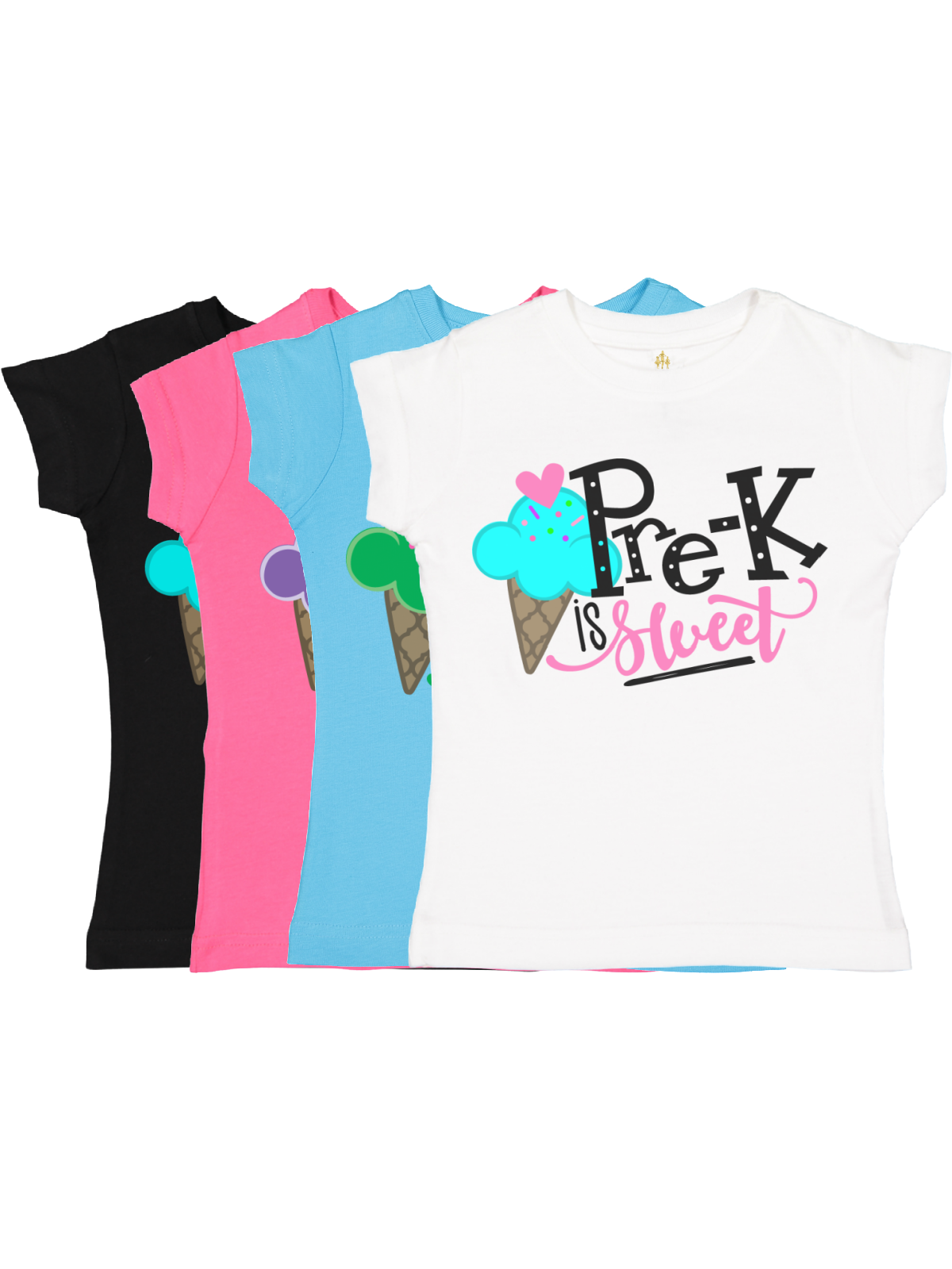 Set of girls’ “Pre-K is Sweet” t-shirts with ice cream cone design, available in white, pink, blue, and black