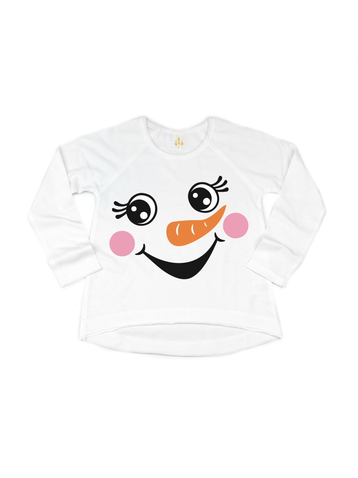 White long sleeve kids t-shirt with blushing snowman face with carrot nose