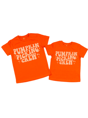 Pumpkin Picking Crew Kids Matching Orange Shirts for Fall