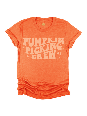 Pumpkin Picking Crew Adult Retro Shirt in Orange