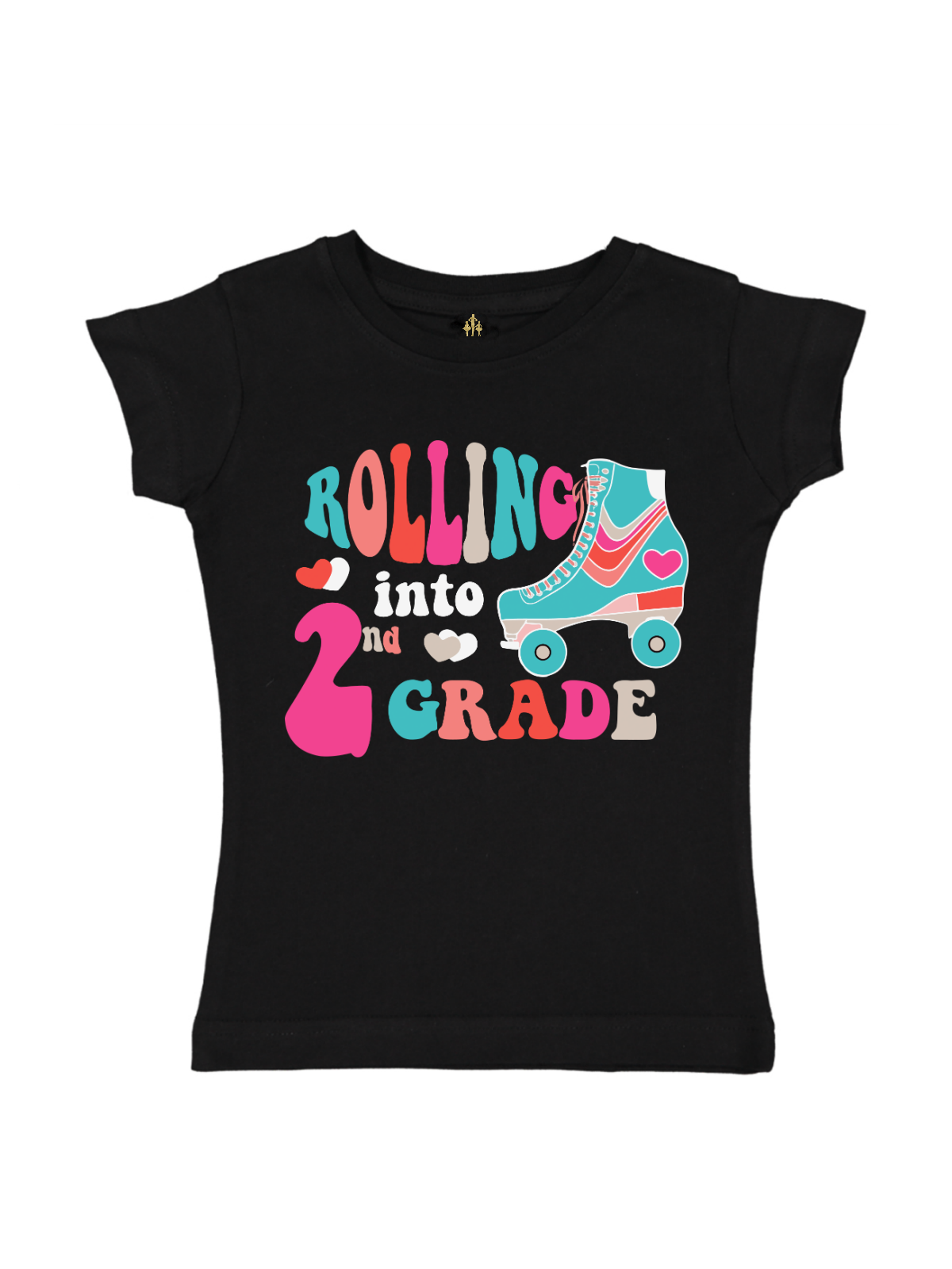 Black girls back to school shirt with colorful “Rolling into 2nd Grade” text and retro roller skate design