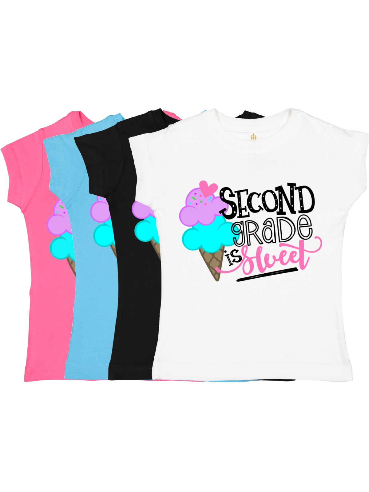 Set of girls’ “Second Grade is Sweet” t-shirts with ice cream cone design in white, blue, pink, and black