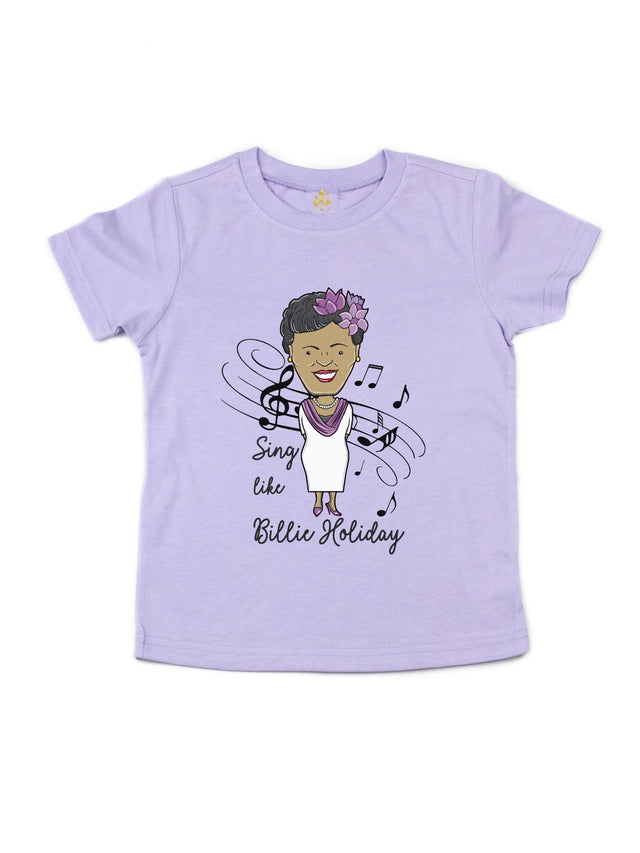 Sing like Billie Holiday Kids Black History Shirt in Lavender Purple with black music notes