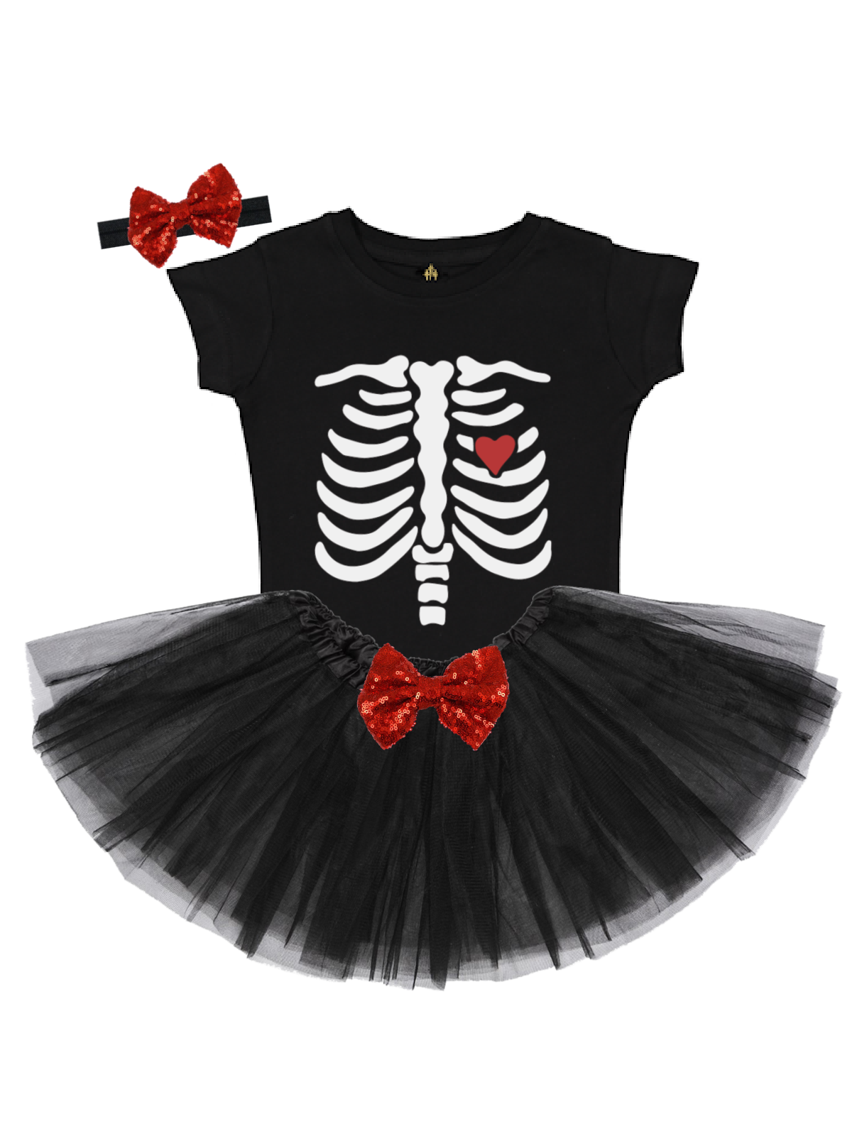 Skeleton with Heart Black, Short sleeve shirt with black tutu Halloween outfit