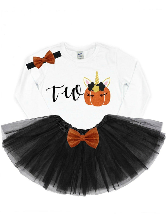 Girls second birthday tutu outfit white shirt that reads TWO with a unicorn pumpkin