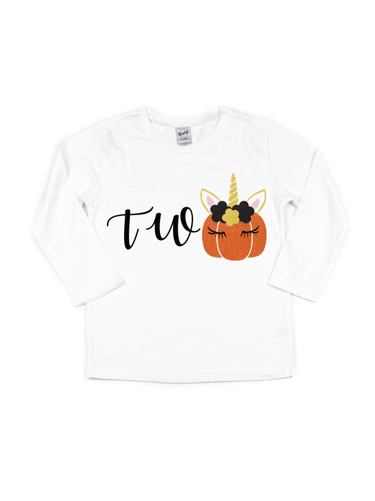 White short sleeve kids shirt that reads TWO unicorn pumpkin