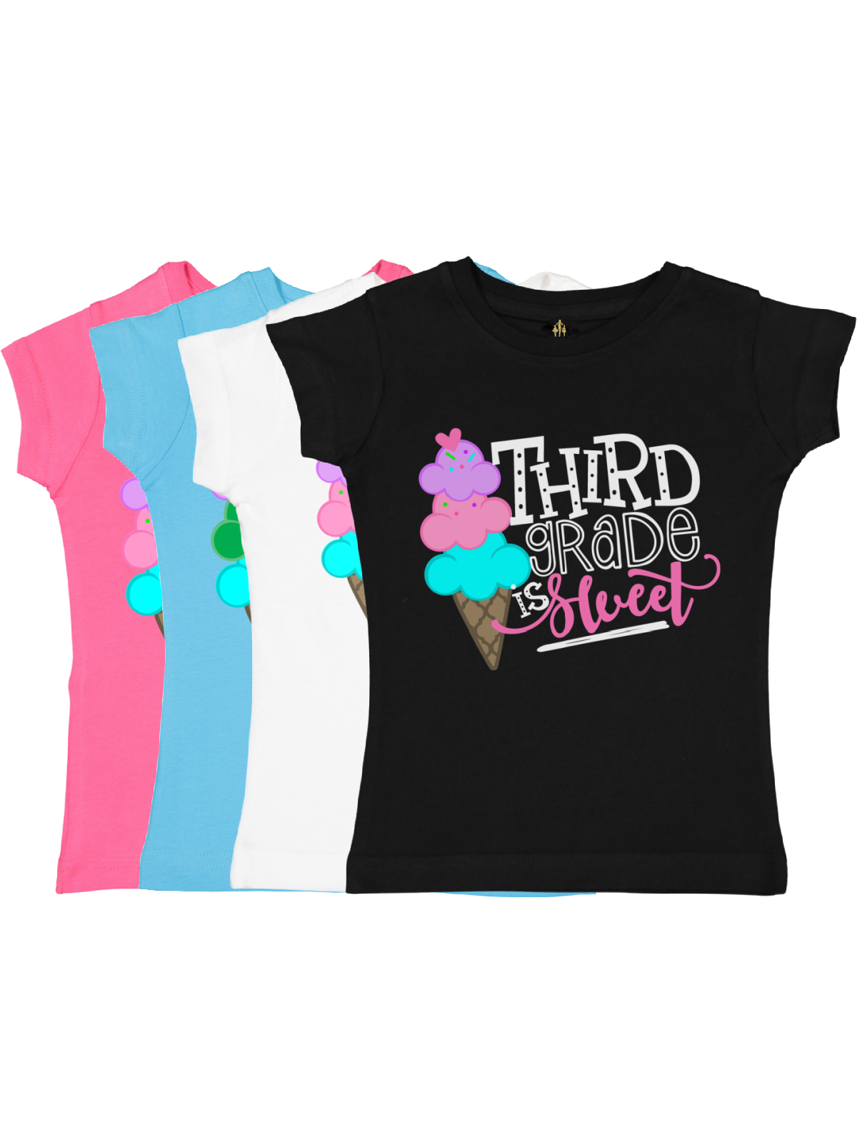 Set of girls’ “Third Grade is Sweet” back-to-school t-shirts with ice cream graphic in black, white, blue, and pink