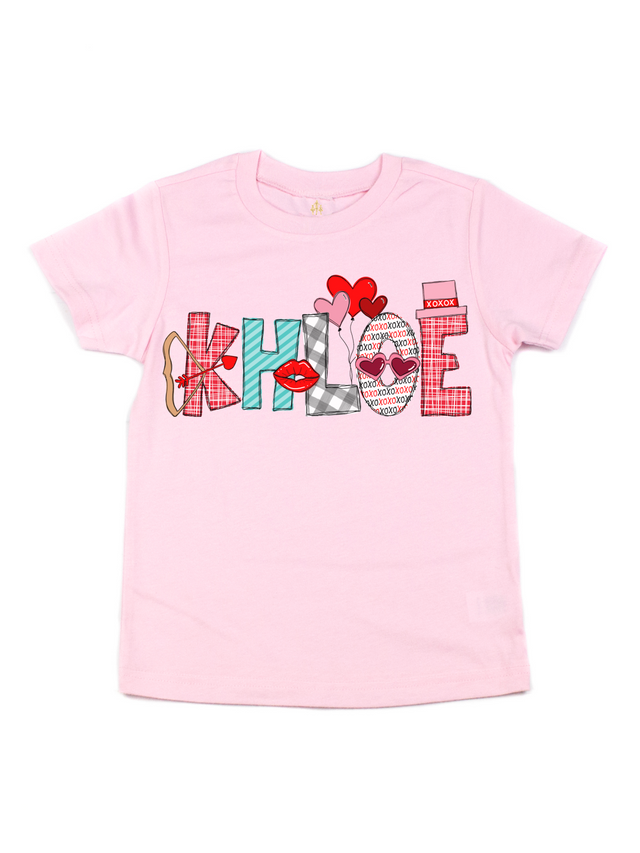 Short sleeve light pink kids Valentine's Day shirt personalized with name Khloe in festive font