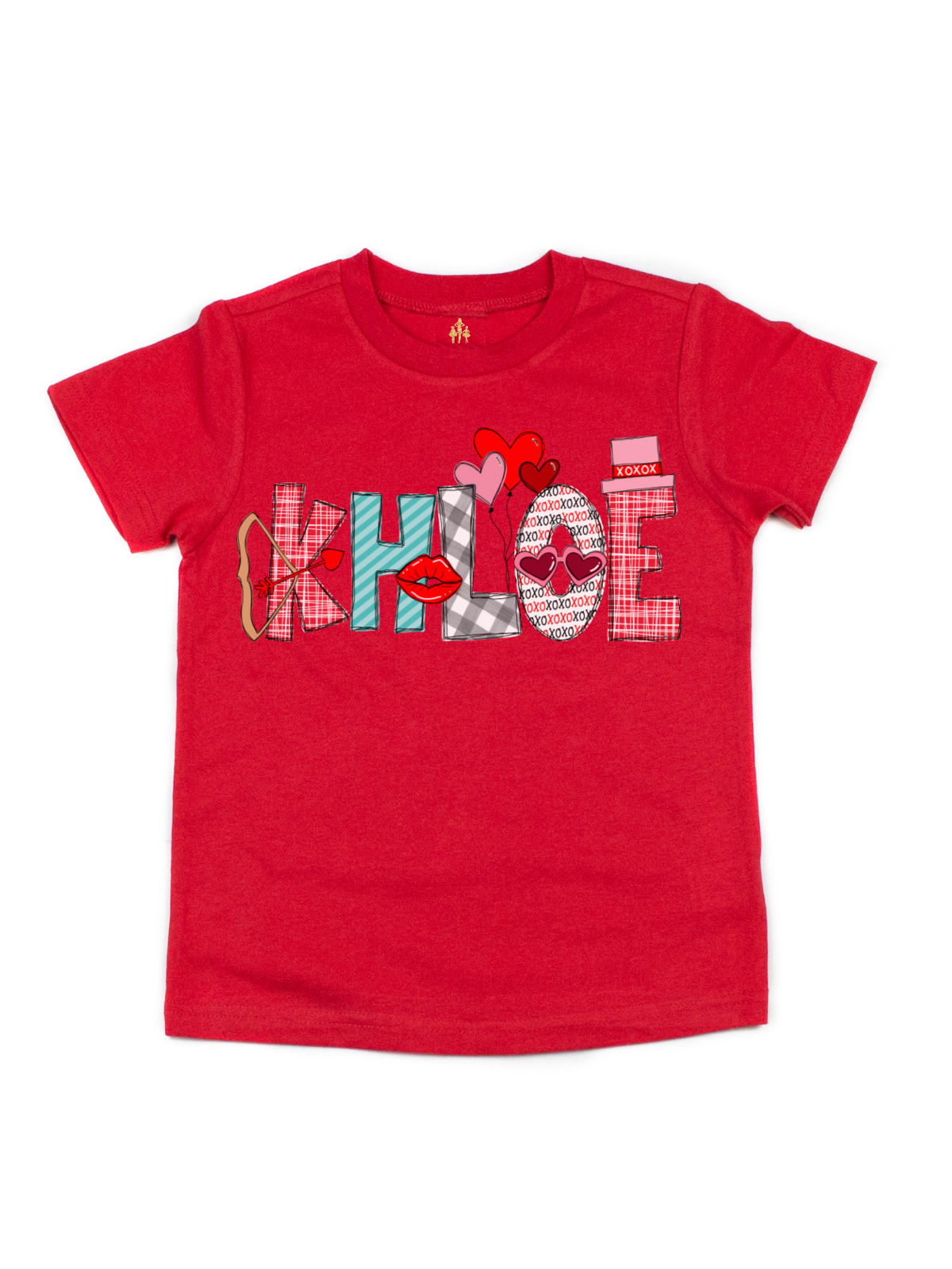 Personalized kids Valentine's Day shirts in pink, white, and red short sleeve