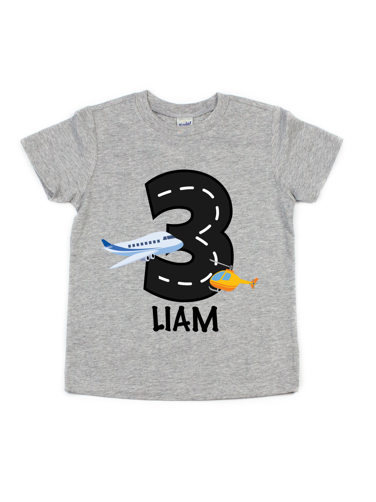 heather gray airplane and helicopter birthday shirt