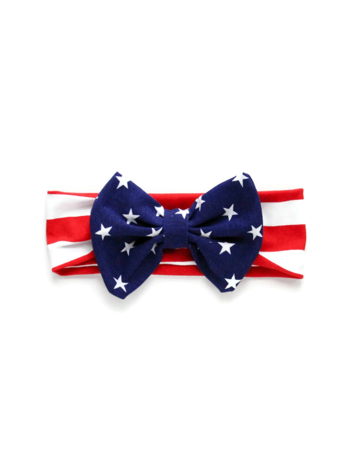 Girls' headband with red and white striped band and navy blue star-patterned bow in American flag design