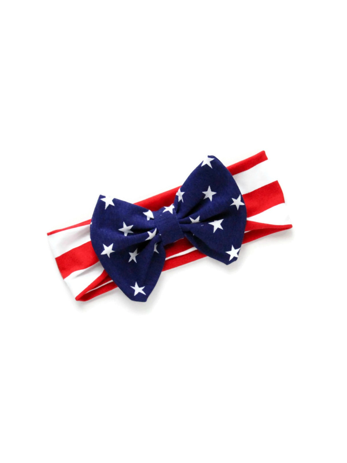 Girls' headband with red and white striped band and navy blue star-patterned bow in American flag design