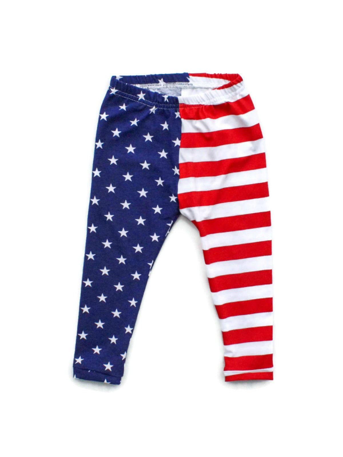 Handmade kids leggings with American flag design, featuring blue and white stars on one leg and red and white stripes on the other