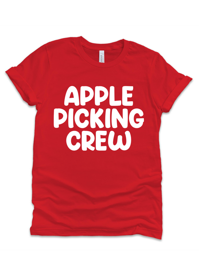 Matching red Apple Picking Crew shirt for adults – fall family orchard shirt