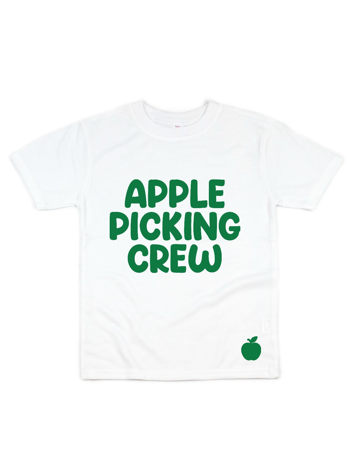 kids apple picking white and green shirt