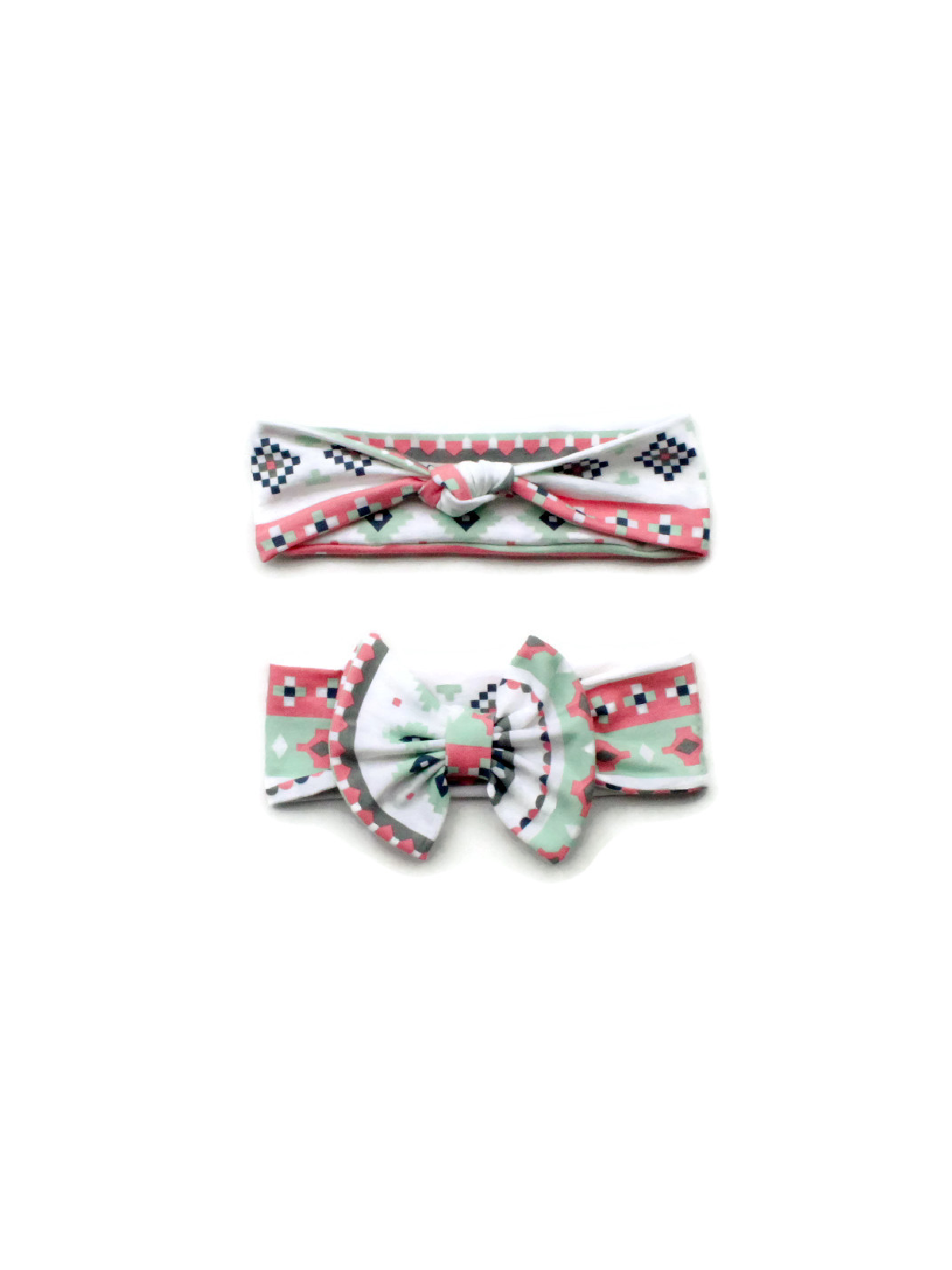 Mommy and me matching headband set with pastel Aztec print; adult twisted knot and child bow style on a white background.