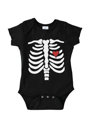 black short sleeve infant one piece with skeleton bones and red heart design