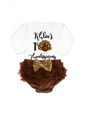 Long sleeve white first Thanksgiving bodysuit and brown diaper cover